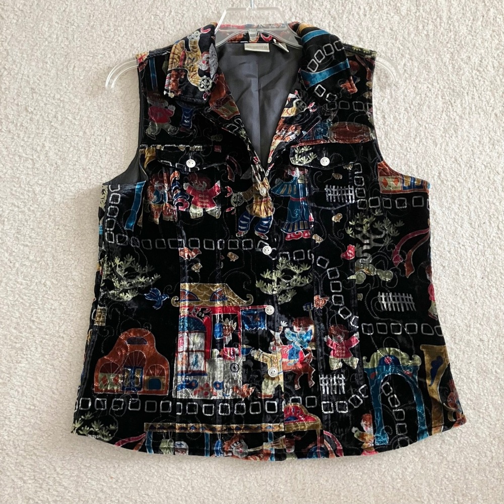 CHICOS Velvet Vest L Asian Inspired Lagenlook Artsy Silk Blend Chic Black Multi